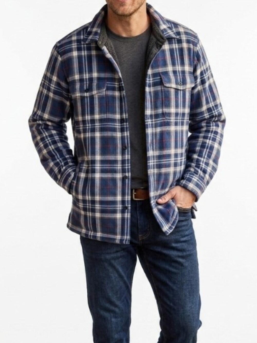 L.L. Bean Blue Plaid Fleece Lined Flannel Shirt Jacket Shacket Men's Large